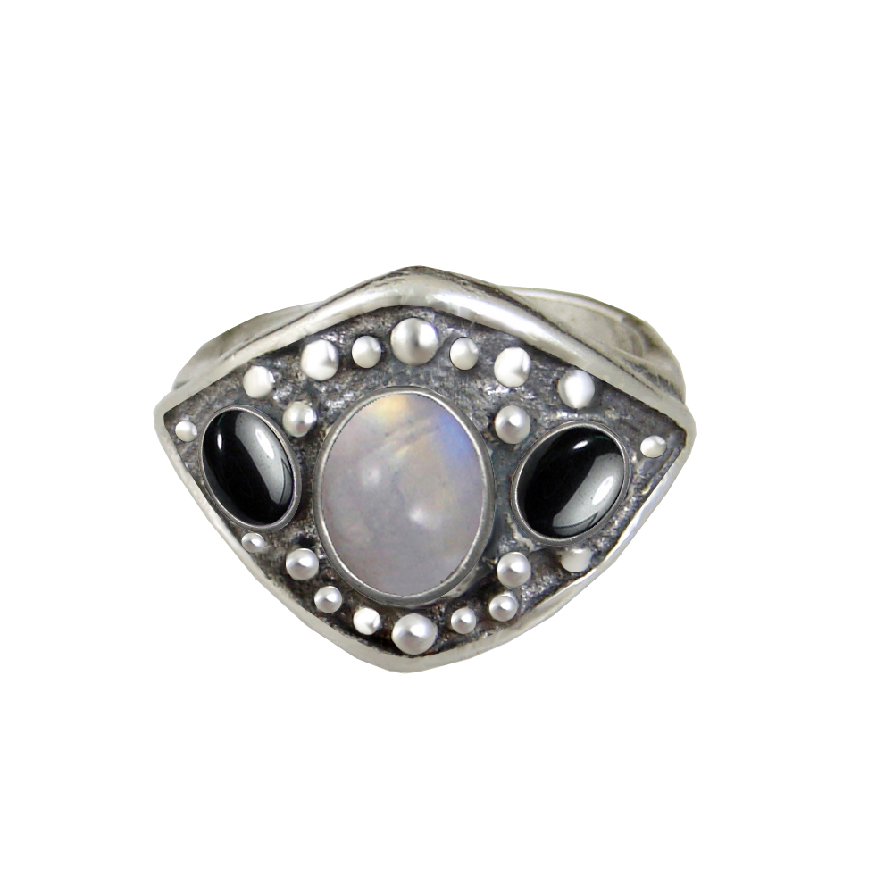 Sterling Silver Medieval Lady's Ring with Rainbow Moonstone And Hematite Size 9
